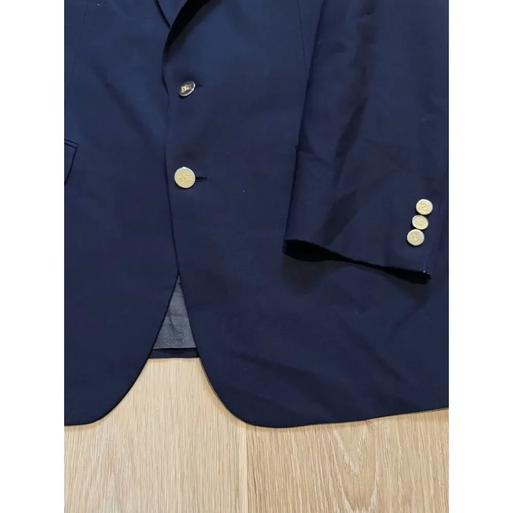 Vintage 90s Burberry Suit Jacket 46L Made IN USA Navy Gold Button Pure Wool VTG
